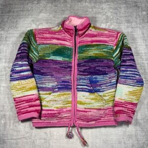 Alma Sweater Women Small Pink Wool Zip Up Vintage 90s Striped Fleece Lined Boho